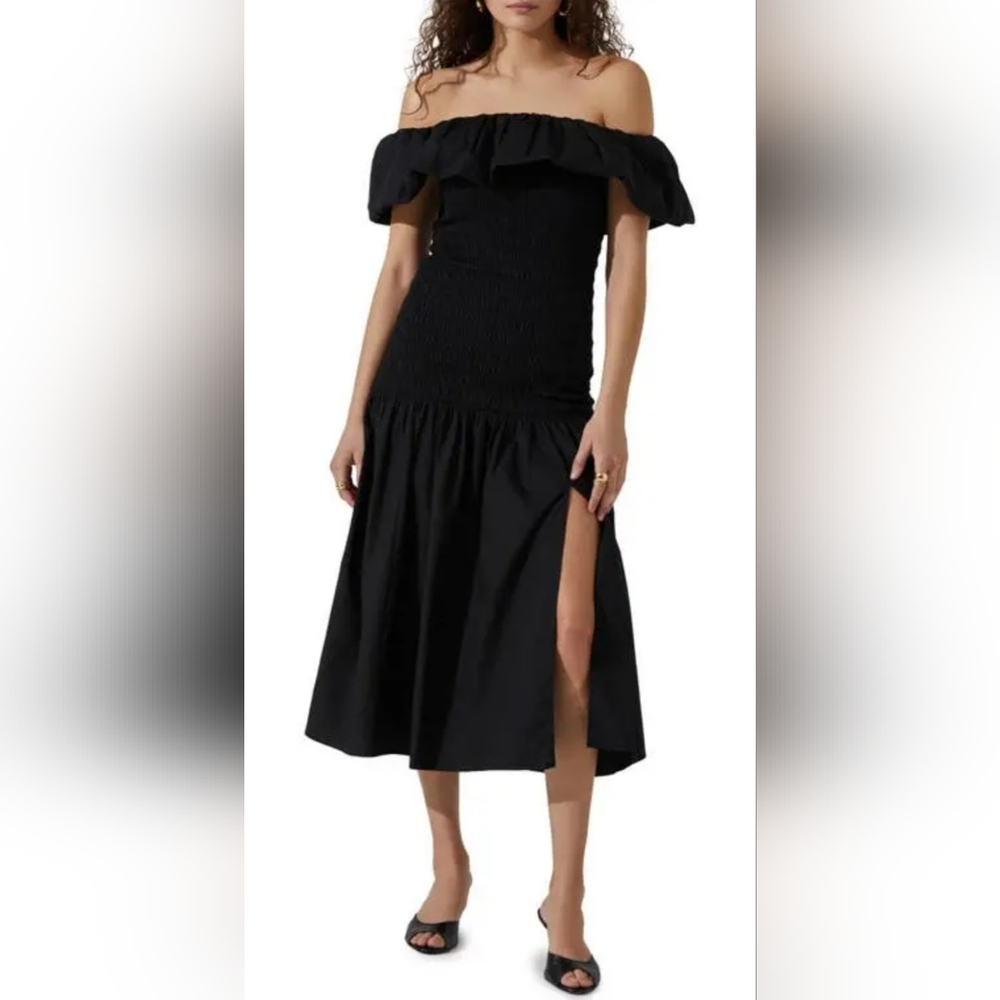ASTR The Label Black Cotton Off-The-Shoulder Midi Dress. Medium. New!